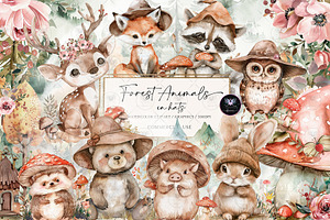 Woodland Animals Clipart Watercolor, an Illustration by BigCakeBee