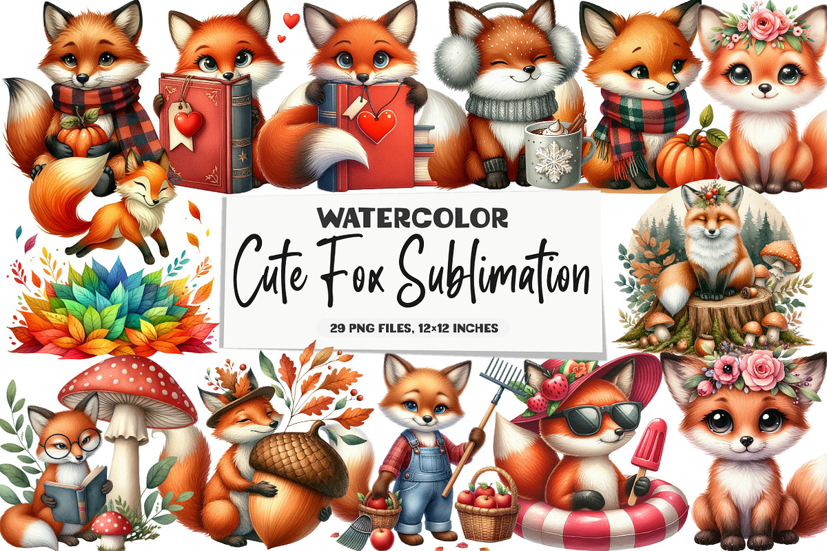 Cute Fox Sublimation Clipart, an Illustration by DreamArtGraphic (Photo 1 of 5)