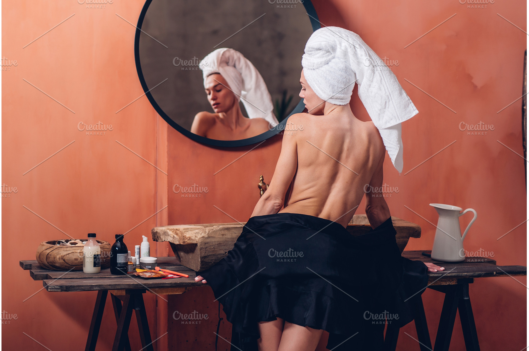 Woman in bathroom with open back and, a Beauty & Fashion Photo by undrey