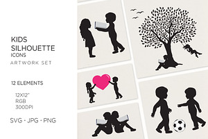 12 Kids Silhouette, Children Svg