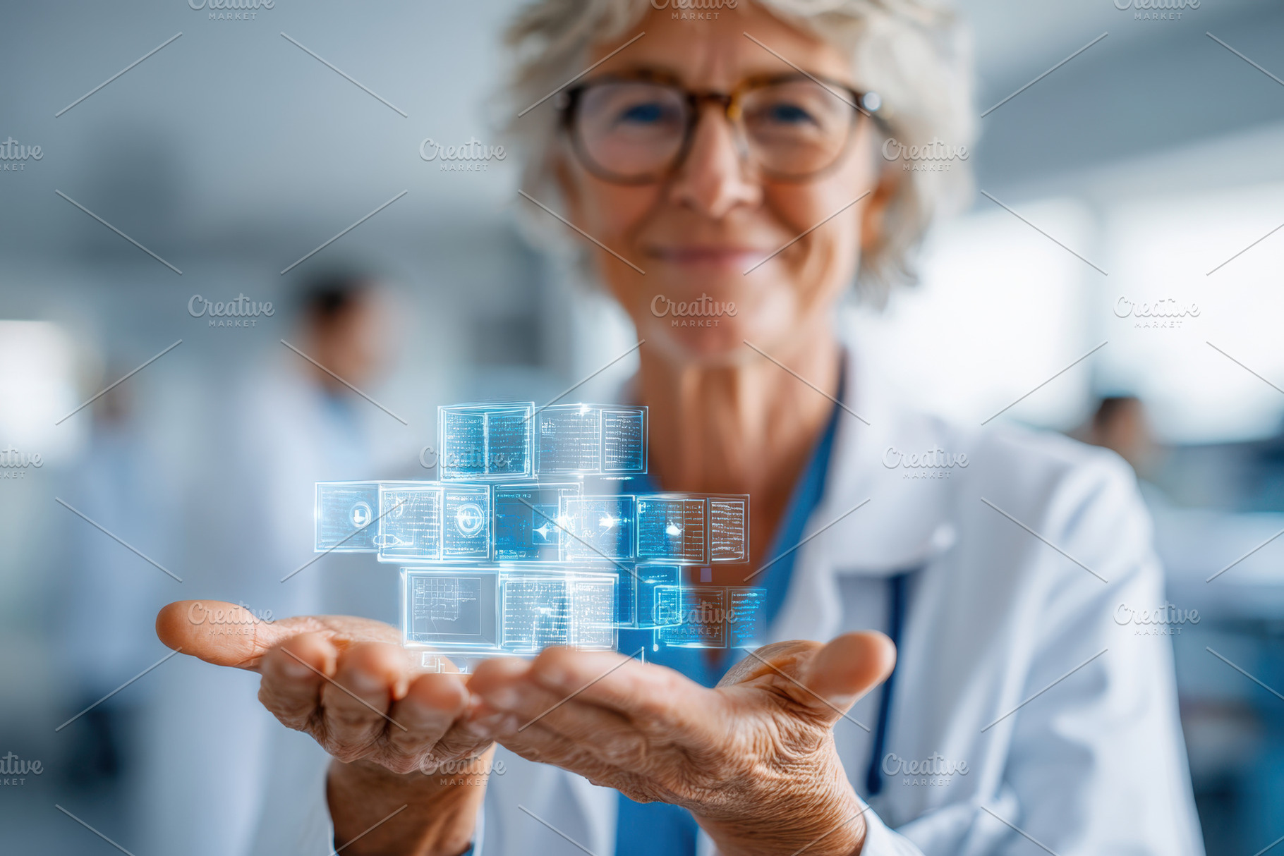 Healthcare professional with 3D digital cube, a Health & Medical Photo by AlyaAnd