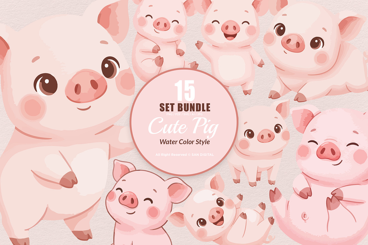 15 Bundle Watercolor Cute Pig Pink, an Animal Illustration by Morspective (Photo 1 of 8)