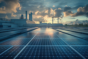 Solar panels on a rooftop with wind turbines in the background at sunset. A mod, a Transportation Photo by Textures & Backgrounds