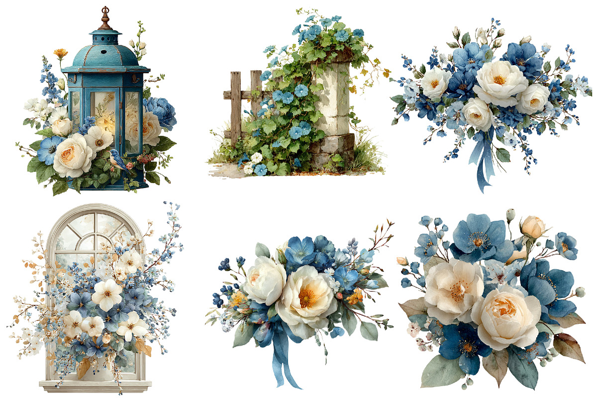 Cream and Blue Flowers Clipart, an Illustration by Designworld (Photo 5 of 8)