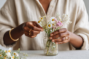 Woman arranging colorful wildflowers in a glass jar during daytime at home, a Photo by AlyaAnd