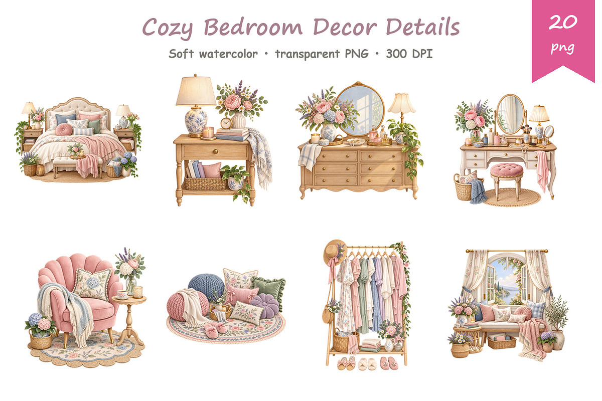 Watercolor Bedroom Decor Clipart, a Decorative Illustration by BerryPieArt (Photo 3 of 4)