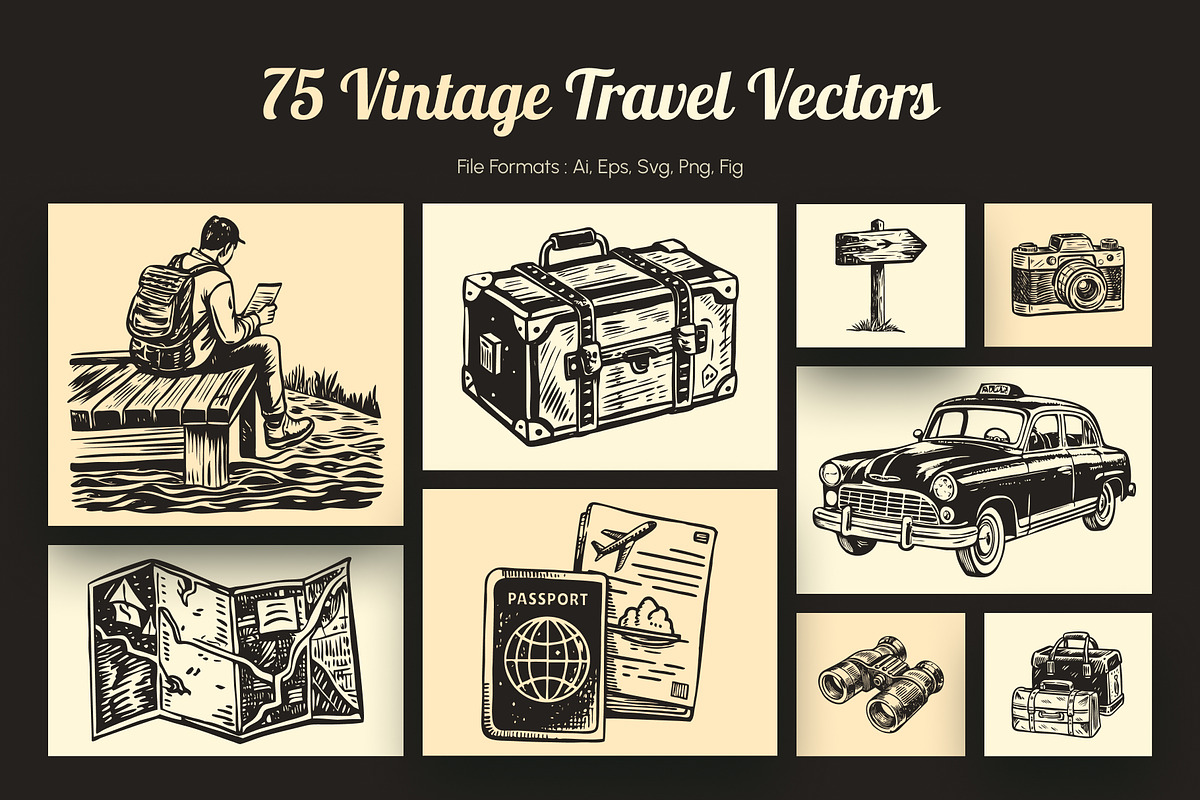 Vintage Travel Illustration Set, a Transportation Illustration by Prosymbols (Photo 1 of 10)