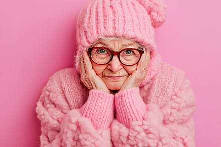 An elderly woman wearing a pink knitted hat and a fluffy pink sweater, sitting, a Person Photo by Textures & Backgrounds