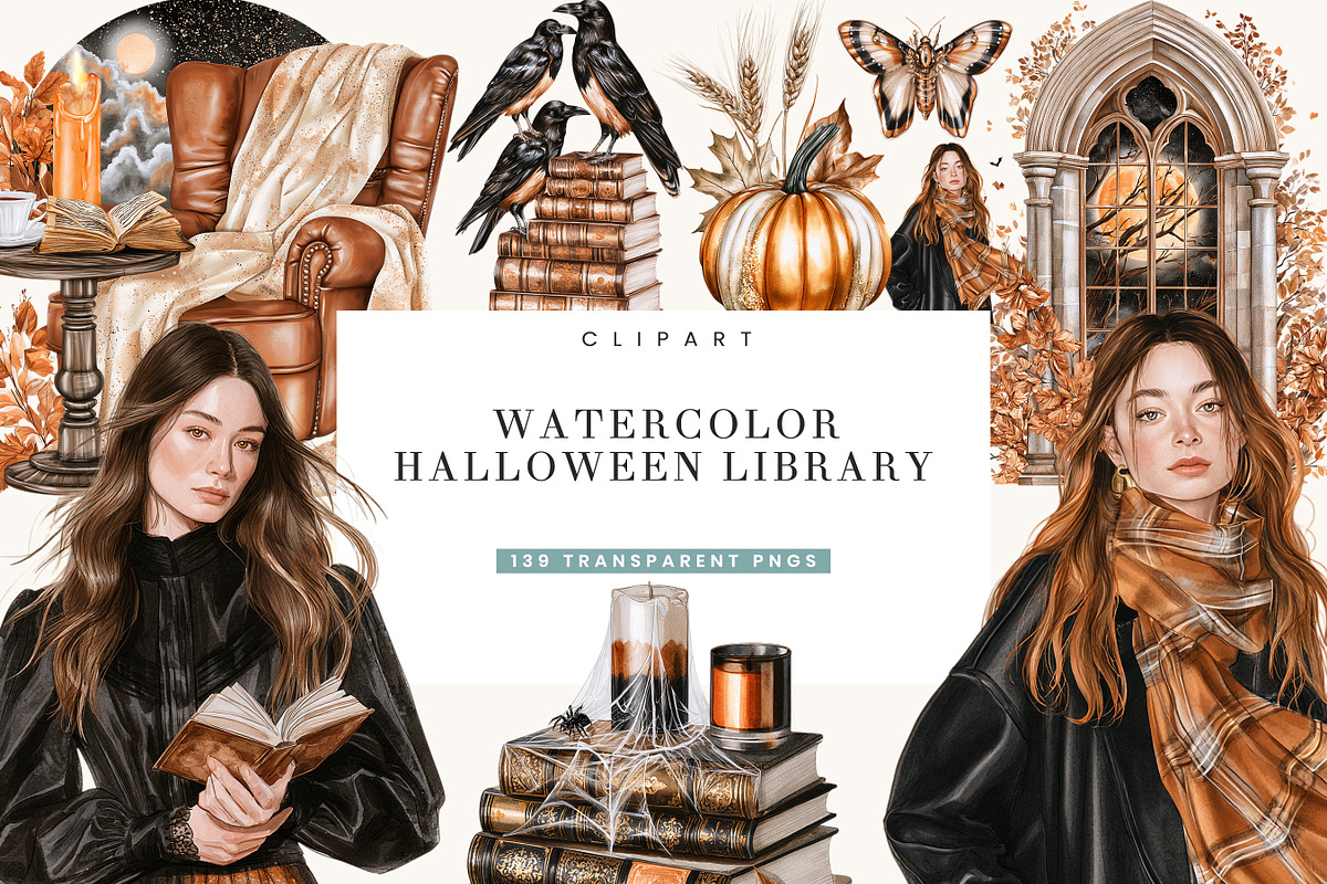 Watercolor Halloween Library Clipart, a Seasonal Illustration by BusyDaydesign (Photo 1 of 9)