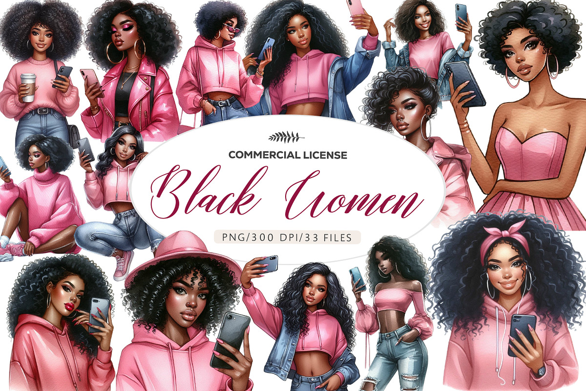 Watercolor Black Women Clip Art, an Illustration by CreationArt (Photo 1 of 6)