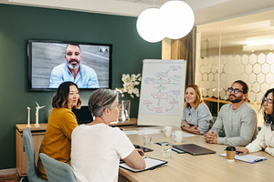 Diverse business professionals having a video conference in an office, a Person Photo by Jacob Lund