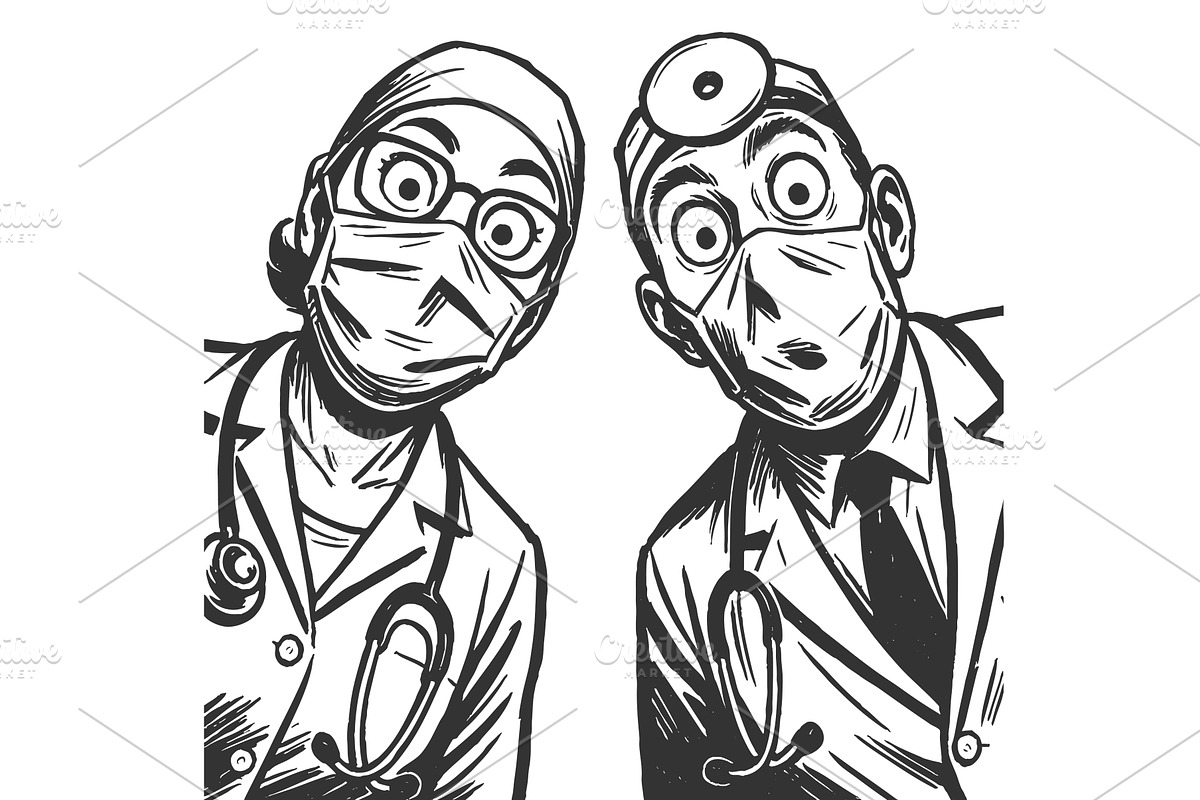 Comic-style doctors looking down in, a Healthcare Illustration by AlexArt