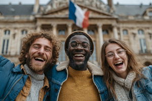 Multicultural group of friends in front of French building smiling and bonding, a Photo by AS photostudio