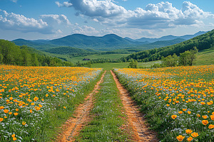Colorful wildflowers line the dirt path leading through the lush green fields u, a Background Photo by AlyaAnd
