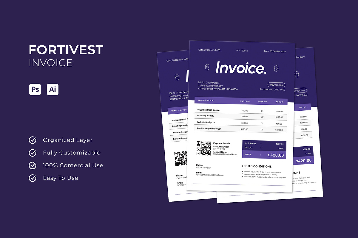 Fortivest Insurance - Invoice, a Stationery Template by Esensifiksi.studio (Photo 1 of 3)