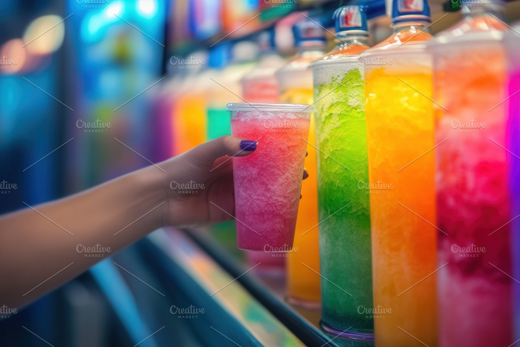 Person picks from rainbow slushies, a Photo by Pavel_design