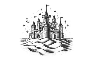 Sand Castle Engraving Sketch Vector