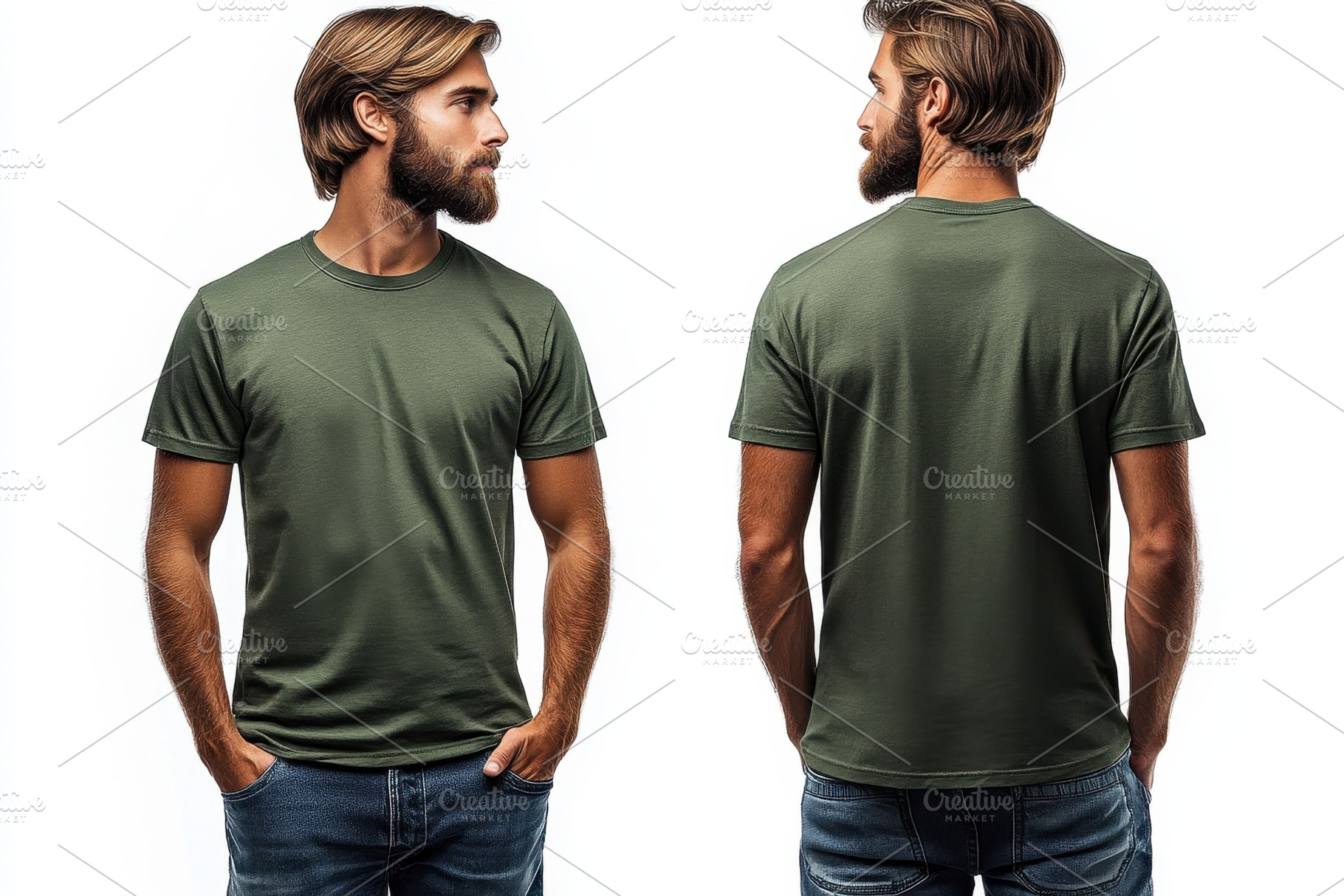 Young man modeling olive green t-shi, a Photo by Tanuart