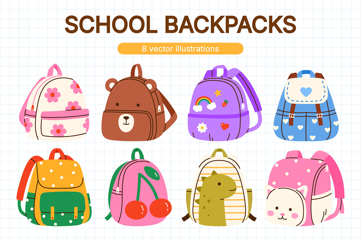 Cute School Backpack Vector Set, an Education Illustration by Annie Birdie (Photo 1 of 7)