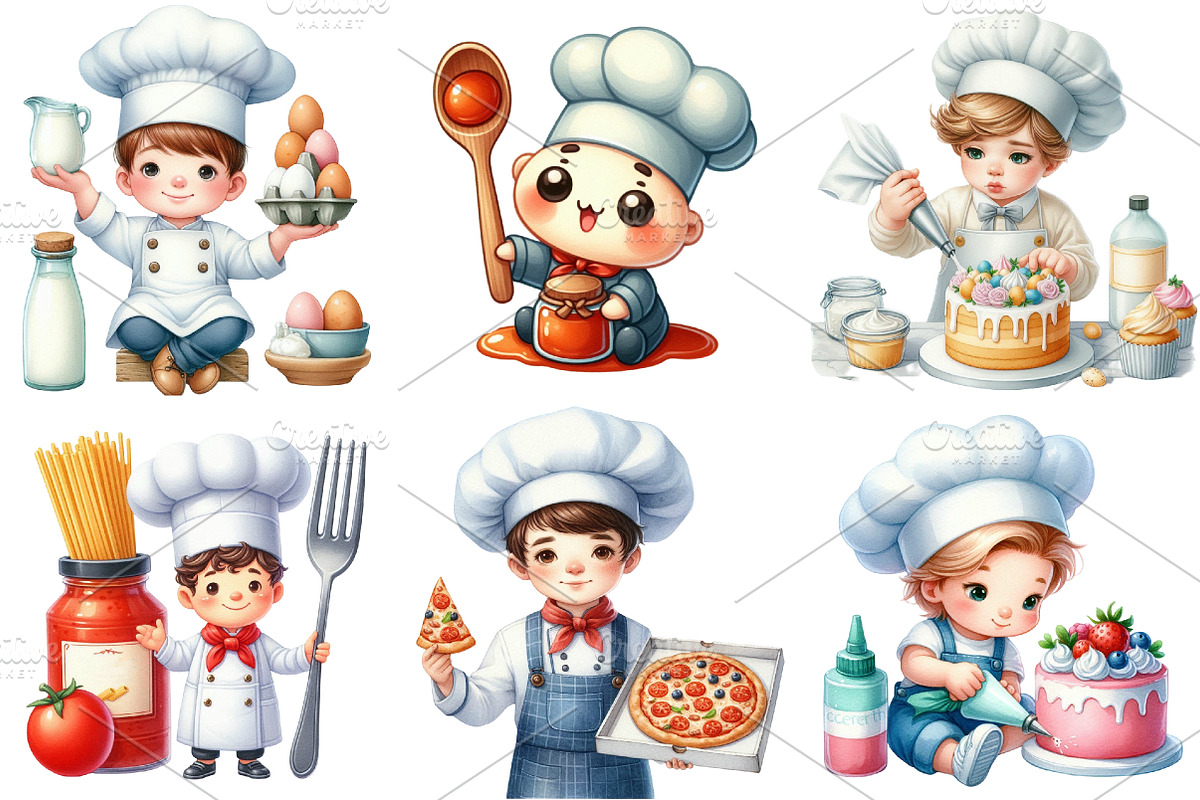 Cute Little Chef Clipart Cooking, an Illustration by Watercolor design (Photo 4 of 4)
