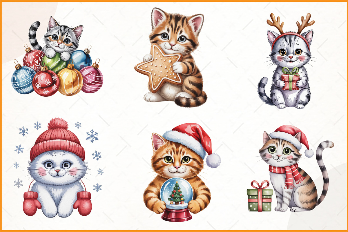 Whimsical Christmas Cat Clipart, an Illustration by Watercolor design (Photo 3 of 4)