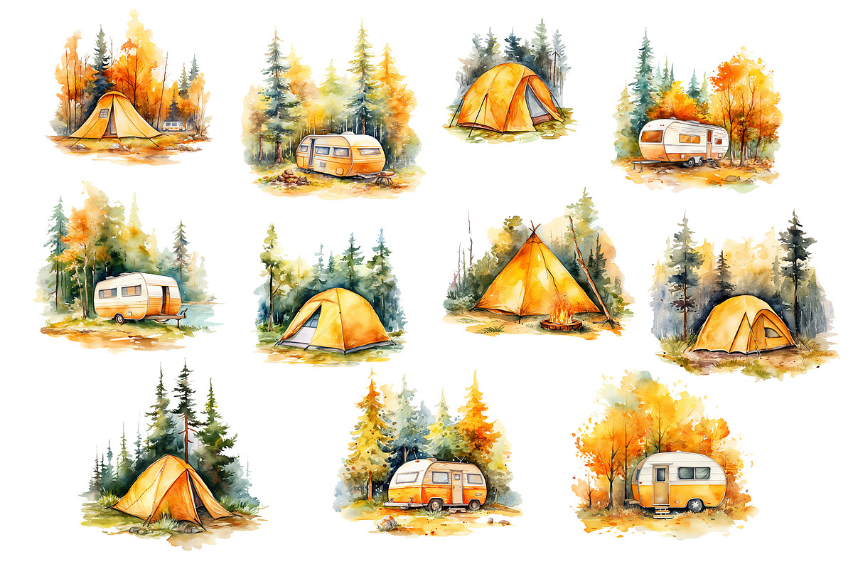 Watercolor fall camping, travel clip, an Object Graphic by KomtsyanTatyanaArt (Photo 2 of 6)
