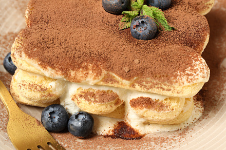 Concept of sweet food, Tiramisu cake, close up, a Food & Drink Photo by AtlasStudio PRO