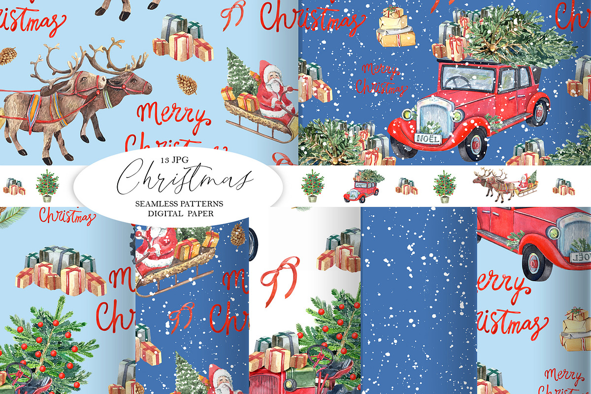 Watercolor Christmas patterns, a Transportation Illustration by JennyColorArt (Photo 1 of 5)