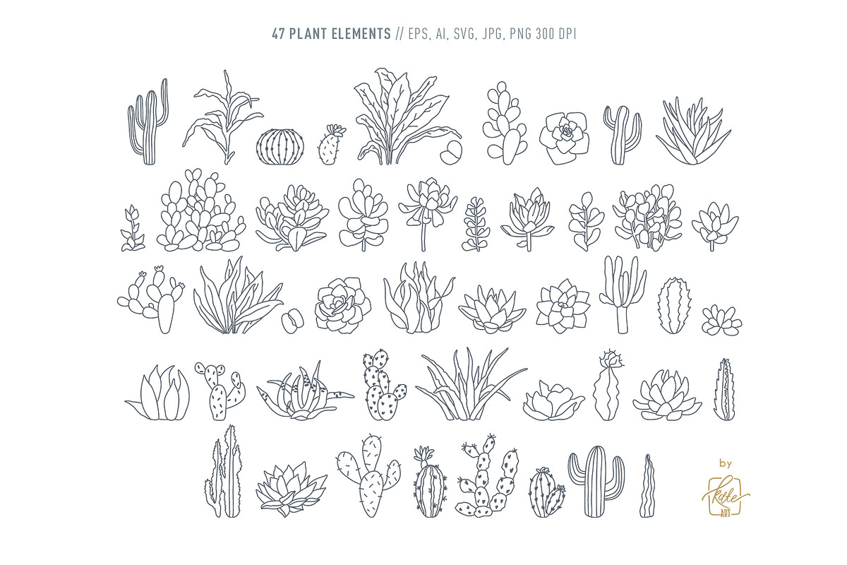 HOME PLANTS AND CACTI LINE ART, an Object Illustration by Kate Art (Photo 2 of 10)