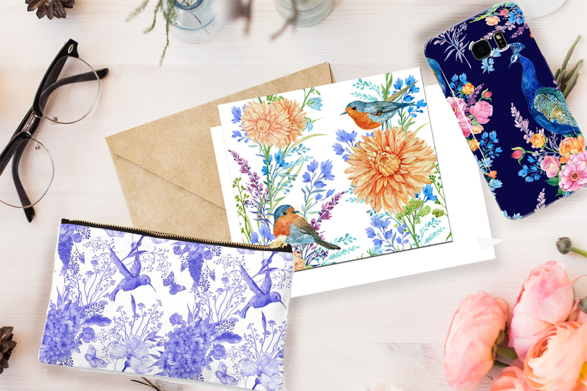 flowers and birds watercolor pattern, a Pattern Graphic by MitrushovaArt (Photo 2 of 7)