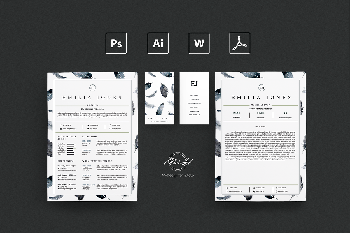 Feather Resume / Card Template, a Resume Template by MH Design Template (Photo 4 of 4)