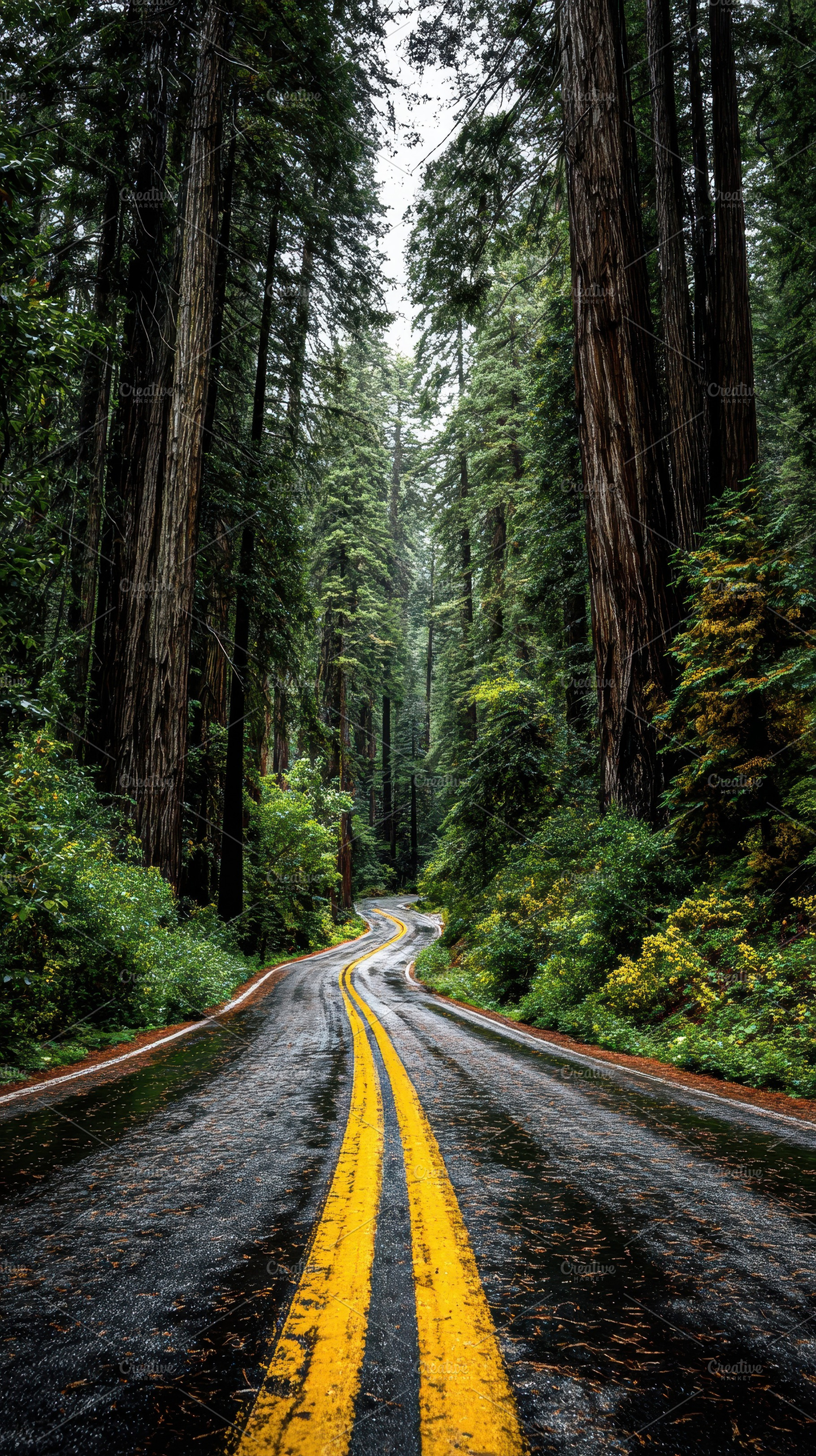 Redwood Forest Road Winding Path Nat, a Photo by Pixeness Studio