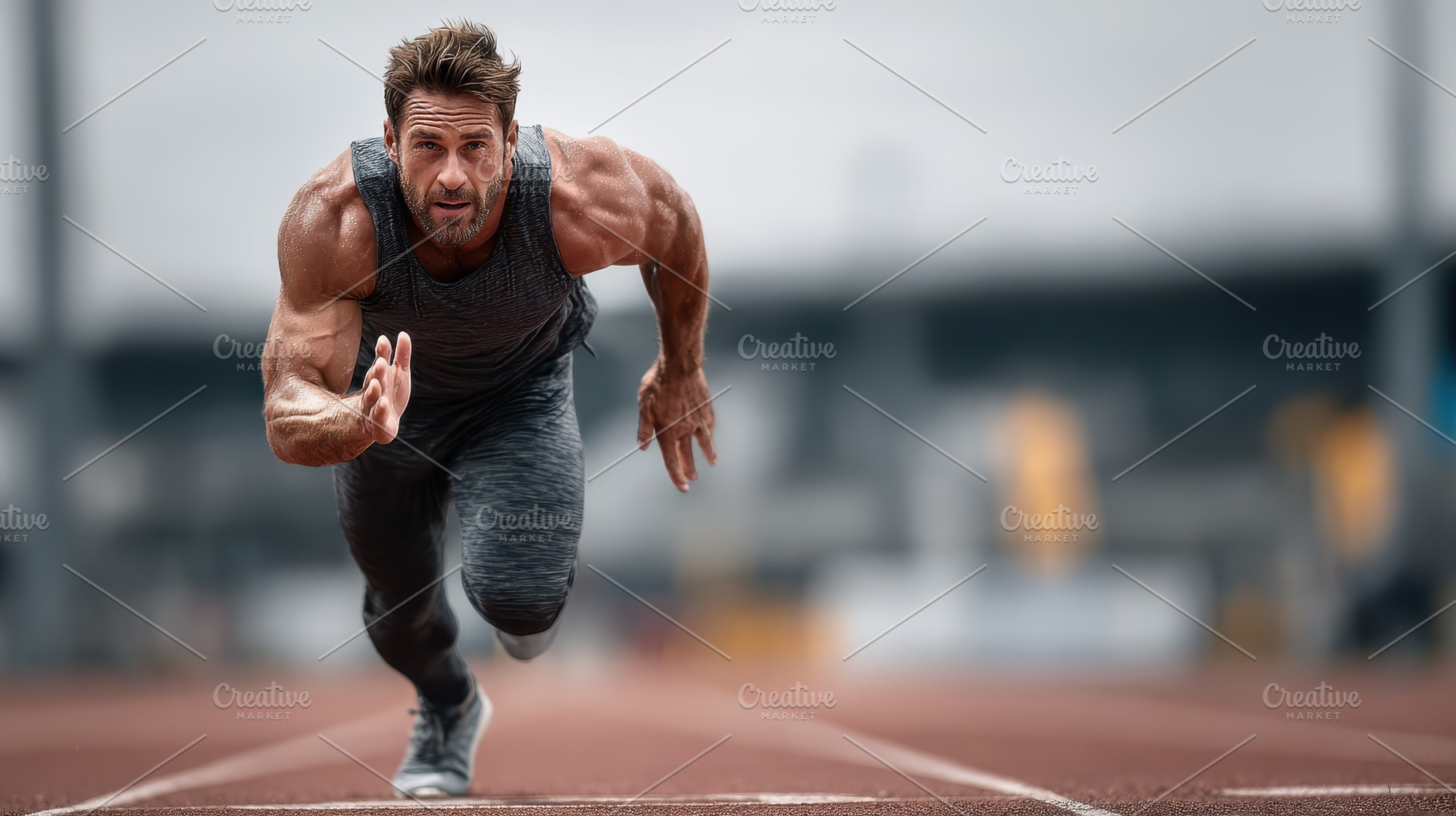 Muscular athlete sprinting on runnin, a Photo by Pixeness Studio