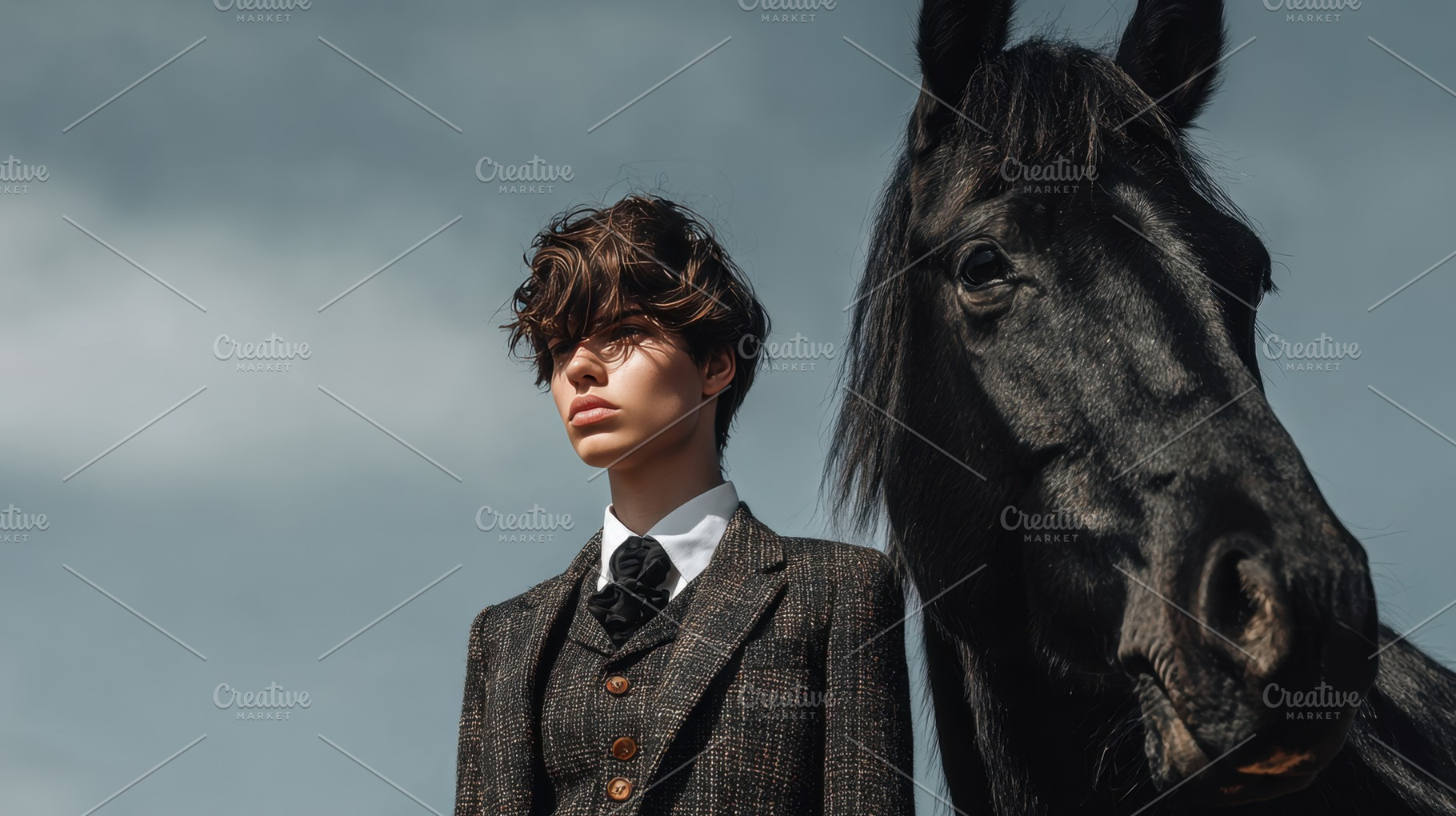Young man stands with black horse, a Photo by Beautiful things