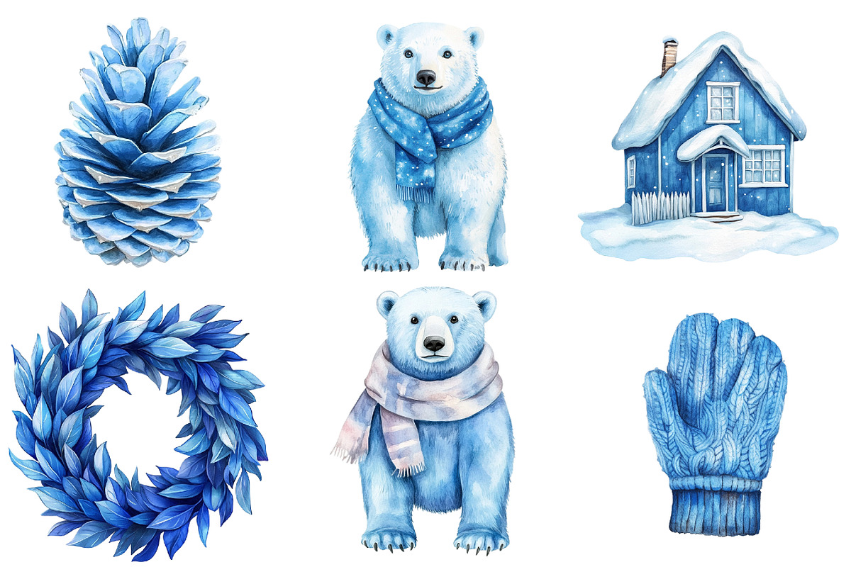 Watercolor Blue Winter Decor Clipart, an Illustration by Watercolor design (Photo 4 of 4)