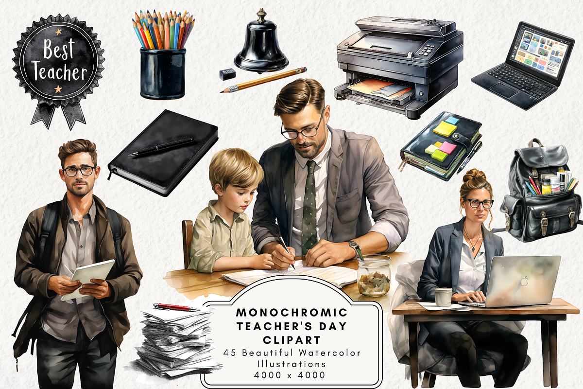 Monochromic Teacher's Day Clipart, an Illustration by NadiaTheronArt (Photo 1 of 5)