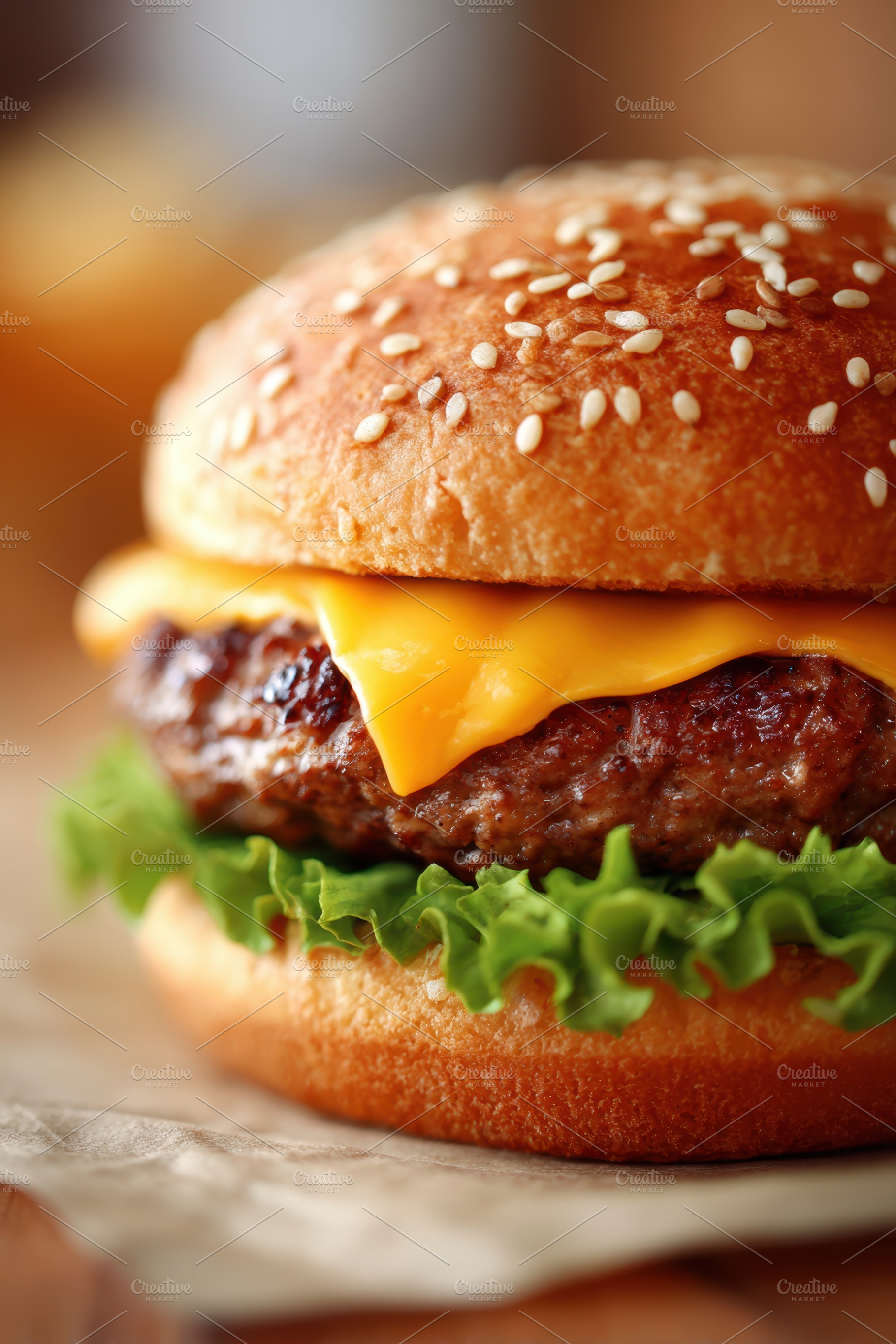 Delicious cheeseburger with melted cheese and fresh toppings, a Food & Drink Photo by AlyaAnd