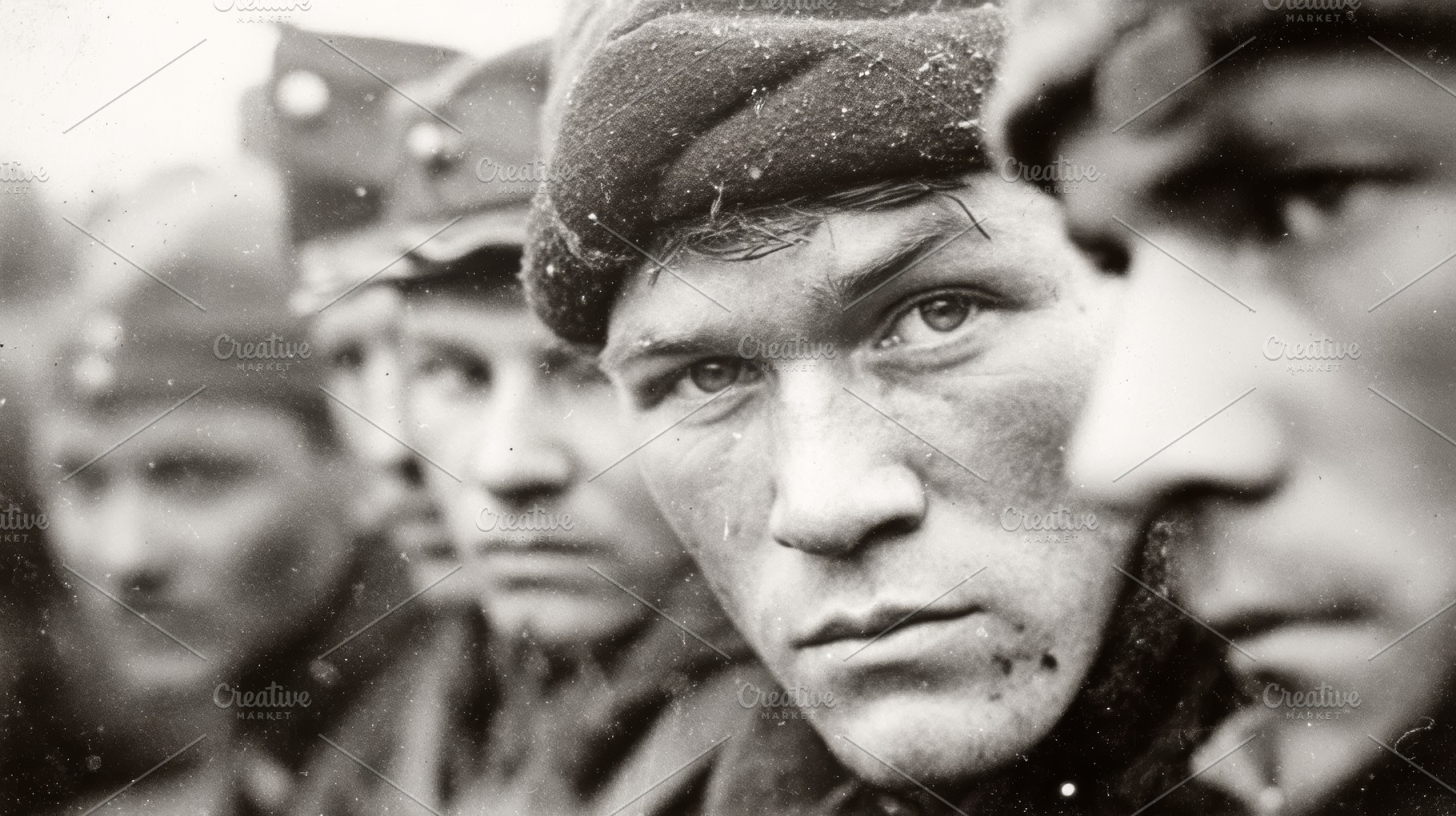 Soviet Red Army infantry soldiers close up portrait during wartime in gritty bl, a Photo by AS photostudio