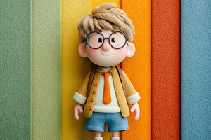 Adorable cartoon schoolboy with glasses standing against colorfu, a Person Photo by José Manuel Gelpi
