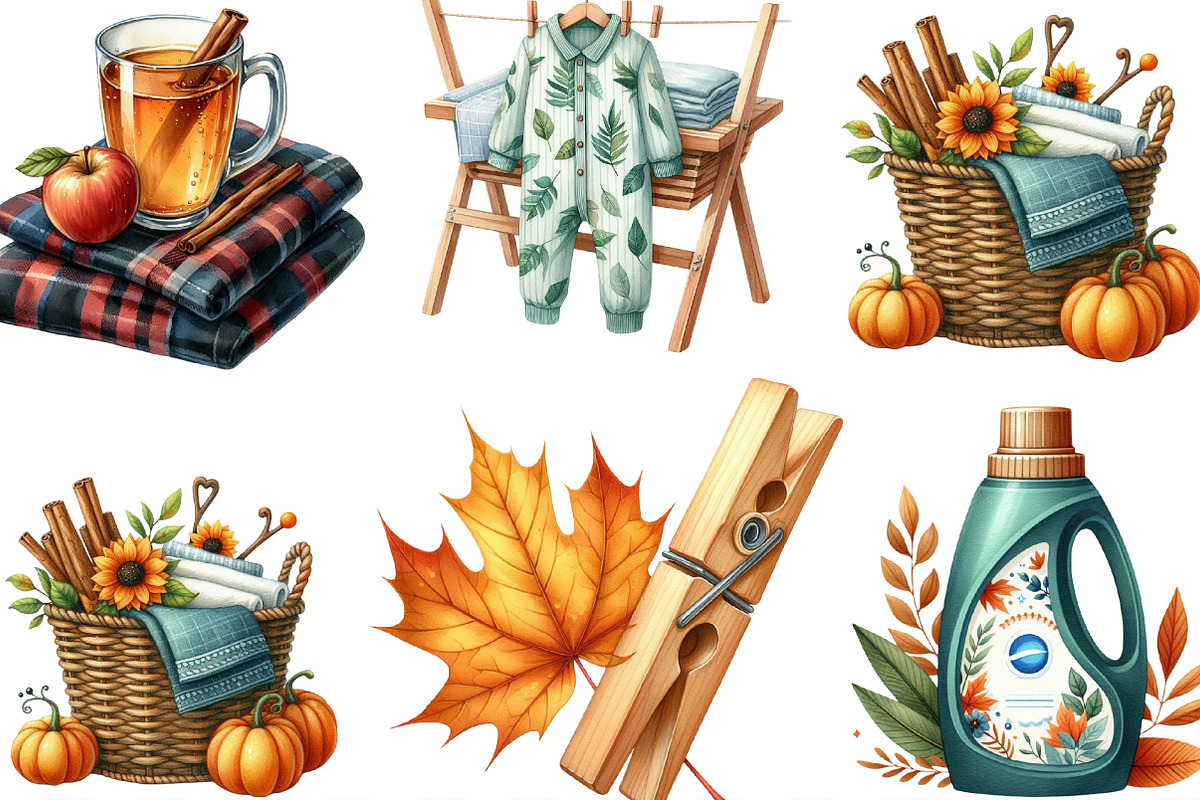 Watercolor Autumn Laundry Clipart, an Illustration by Designking (Photo 2 of 4)