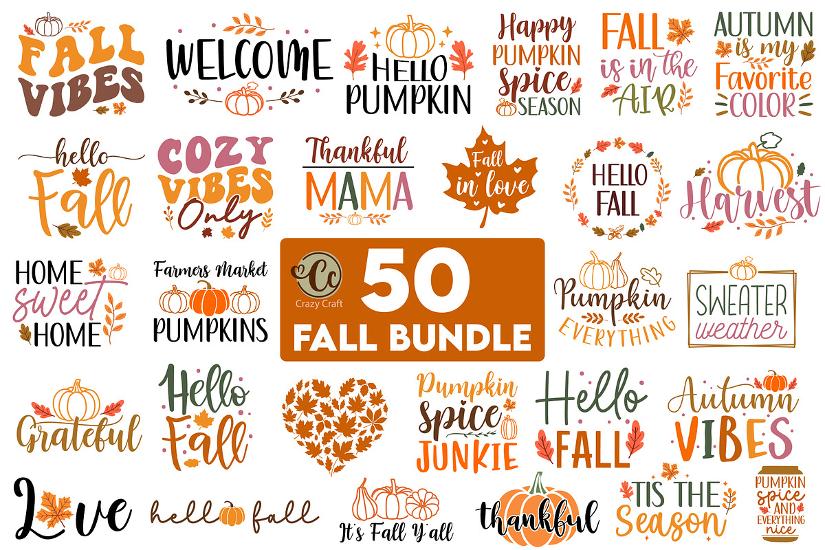 50 Fall SVG Bundle, Autumn Quotes, a Seasonal Illustration by CrazyCraft (Photo 1 of 9)