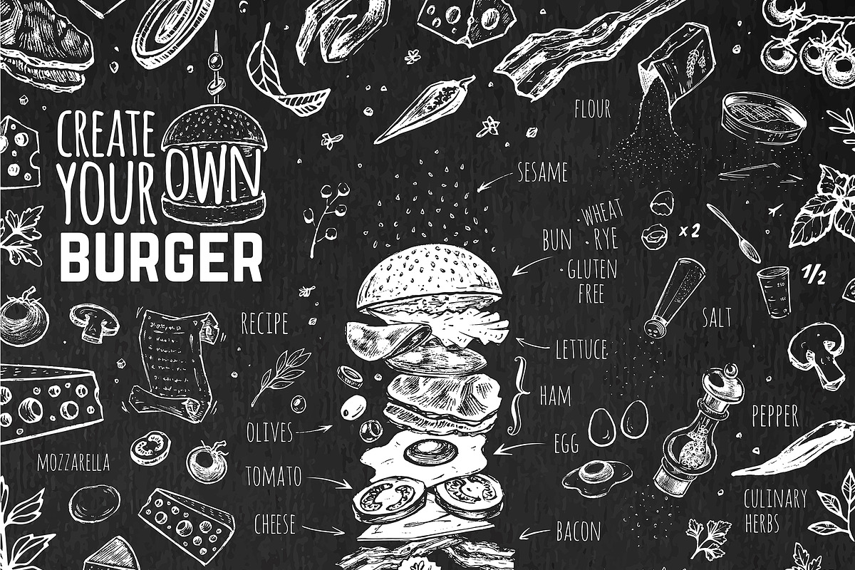 Burger menu. Hand-drawn. Chalk style, a Decorative Illustration by Margo Miller (Photo 8 of 15)