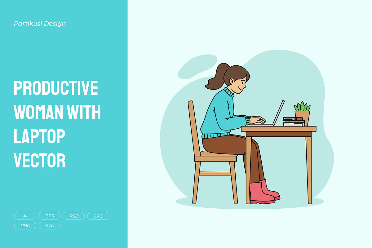Productive Woman with Laptop Vector, a Work Illustration by Partikusi Design (Photo 1 of 3)