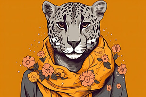 Elegant Cheetah Wearing Scarf With Flowers On A Colored Background. Generative