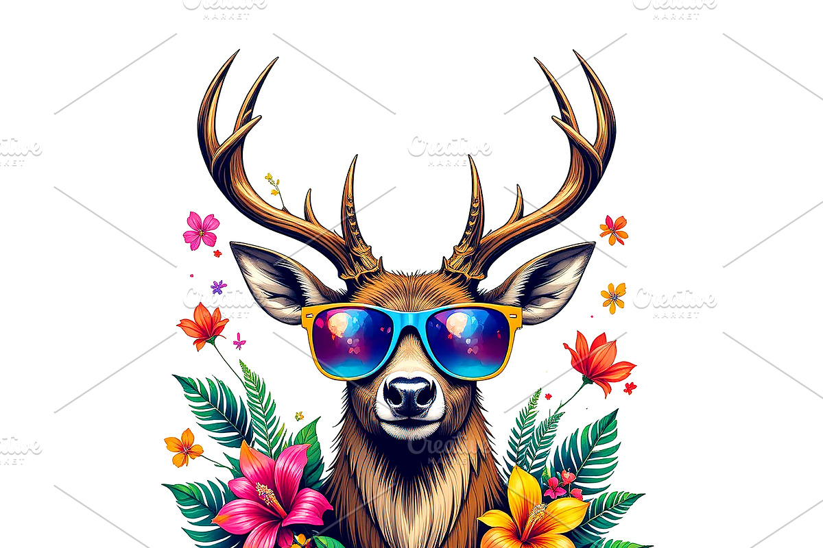 Deer wearing sunglasses and flowers, an Animal Illustration by yod67