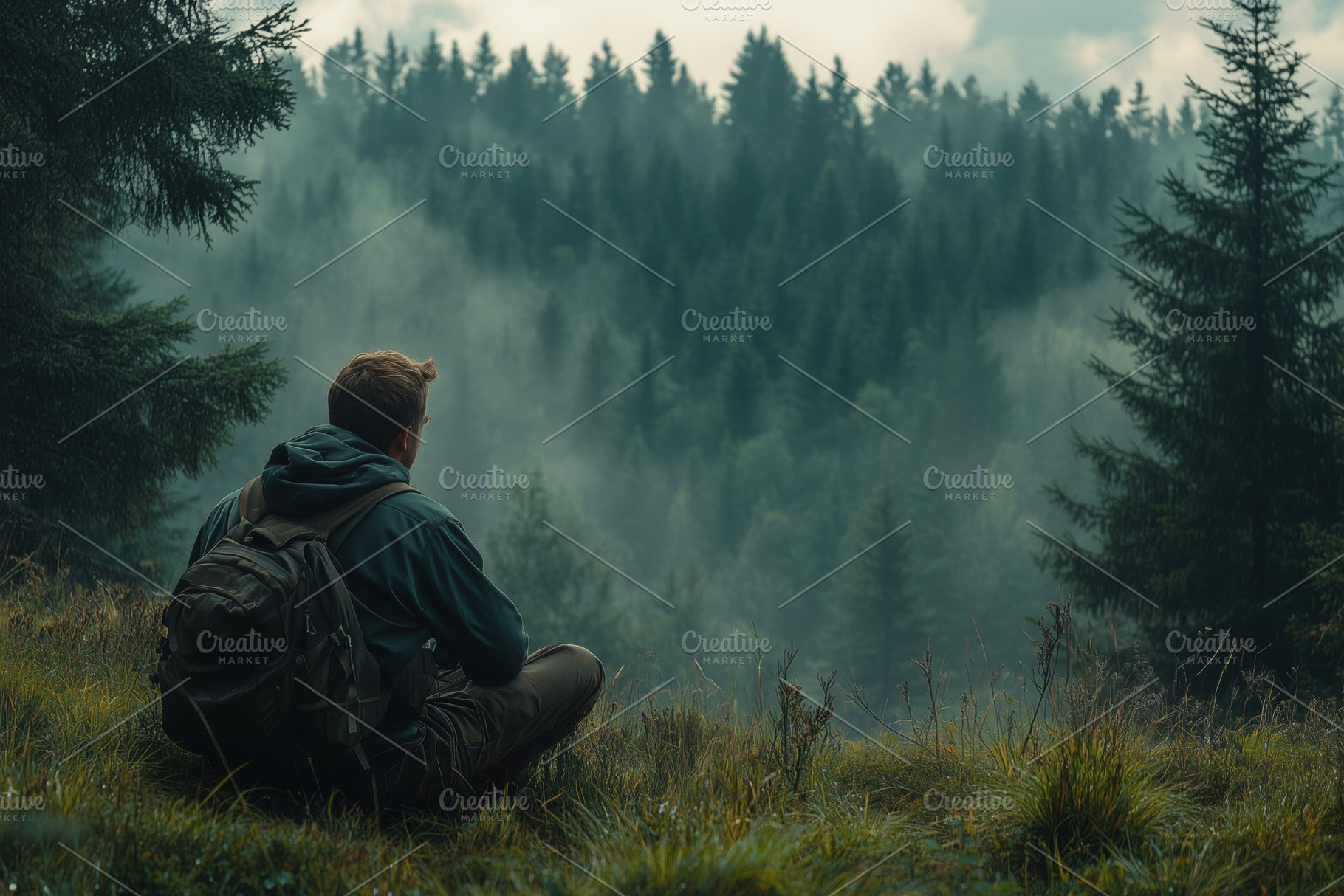 A forester man sitting on the grass, gazing at a misty forest landscape. The sc, a Person Photo by Textures & Backgrounds