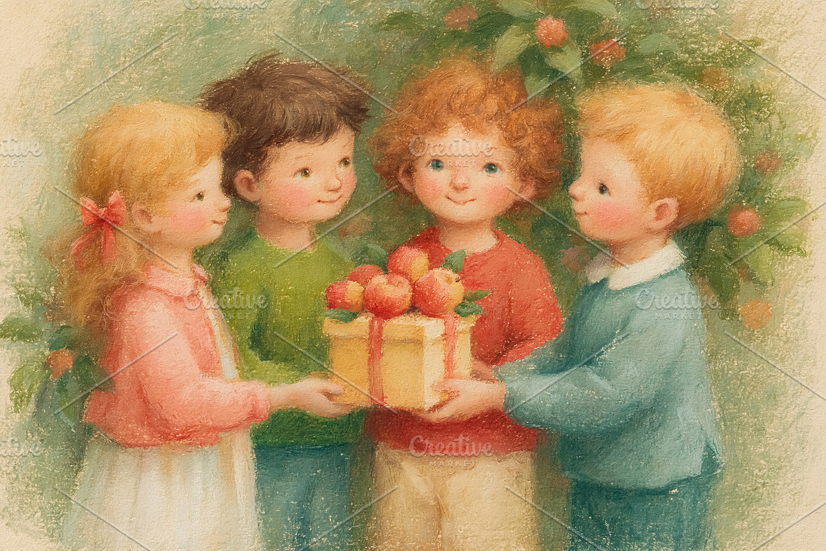 Four children sharing a gift box filled with fresh apples, symbo, an Illustration by Studio ANNA
