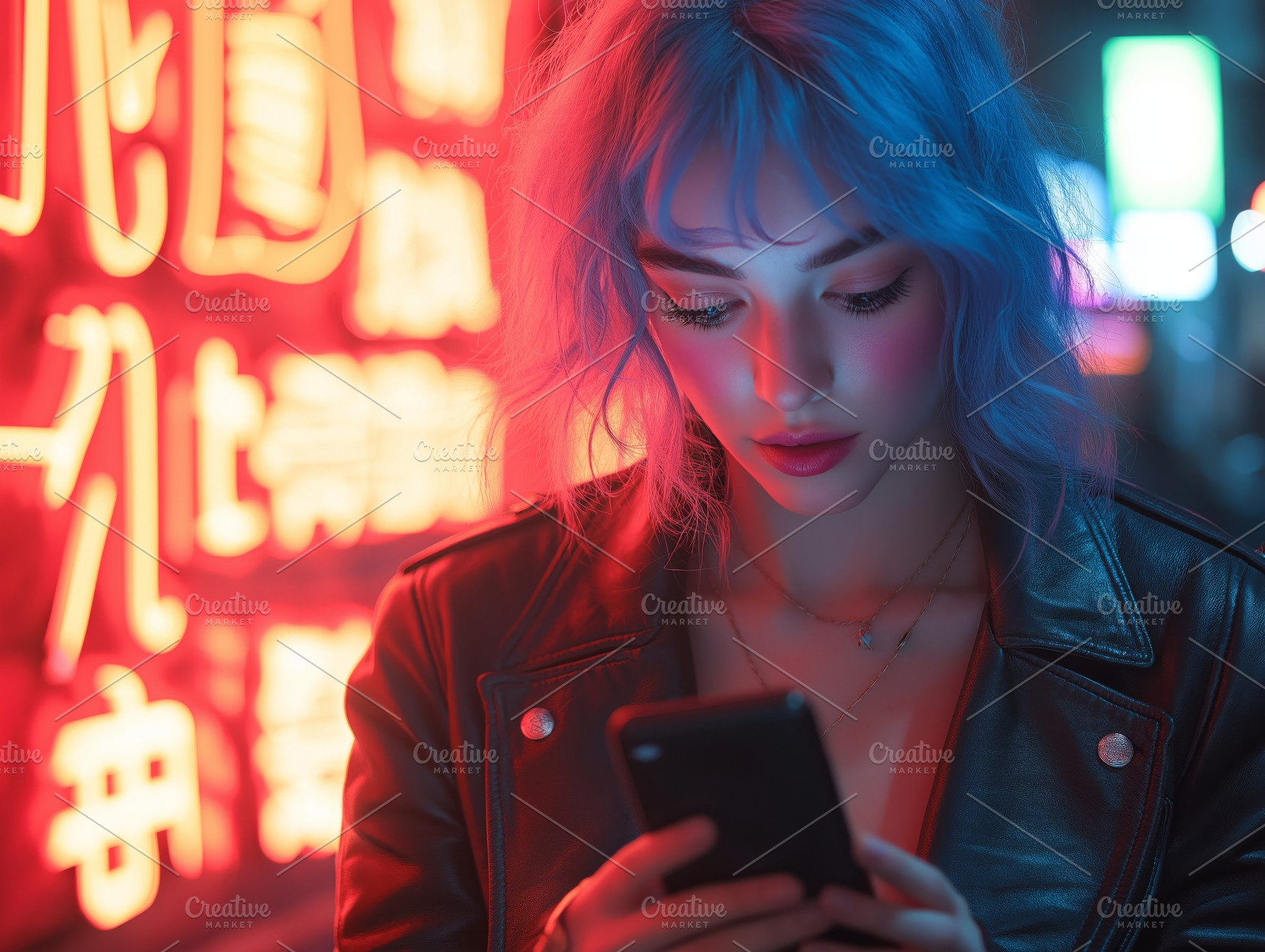 A young woman with blue hair, captivated by her smartphone against a vibrant ne, a Person Photo by ImageMir