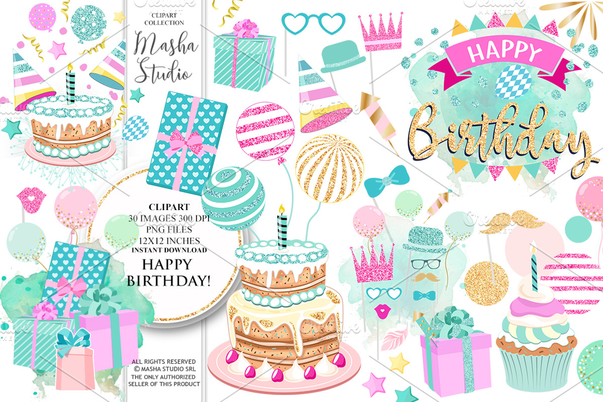 HAPPY BIRTHDAY clipart, an Illustration by Masha  Studio