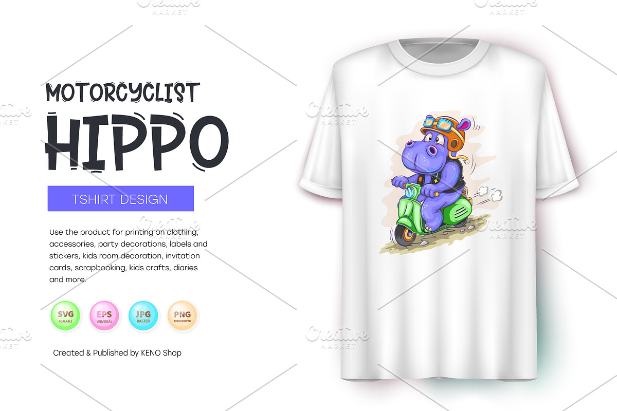 Cartoon hippo motorcyclist. Tshirt, an Animal Illustration by KENO Mascots (Photo 6 of 7)
